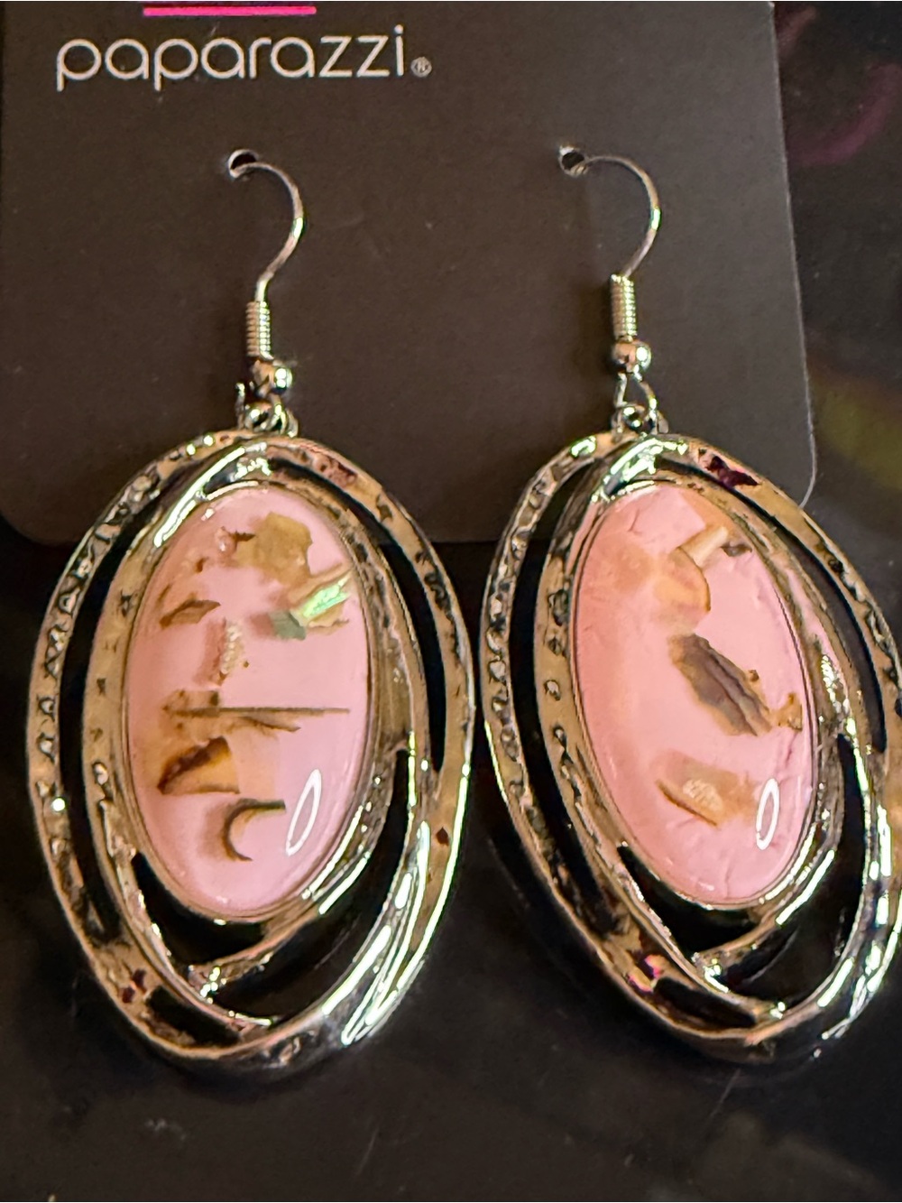 paparazzi Pink Oval Drop Earrings with Silver Frames